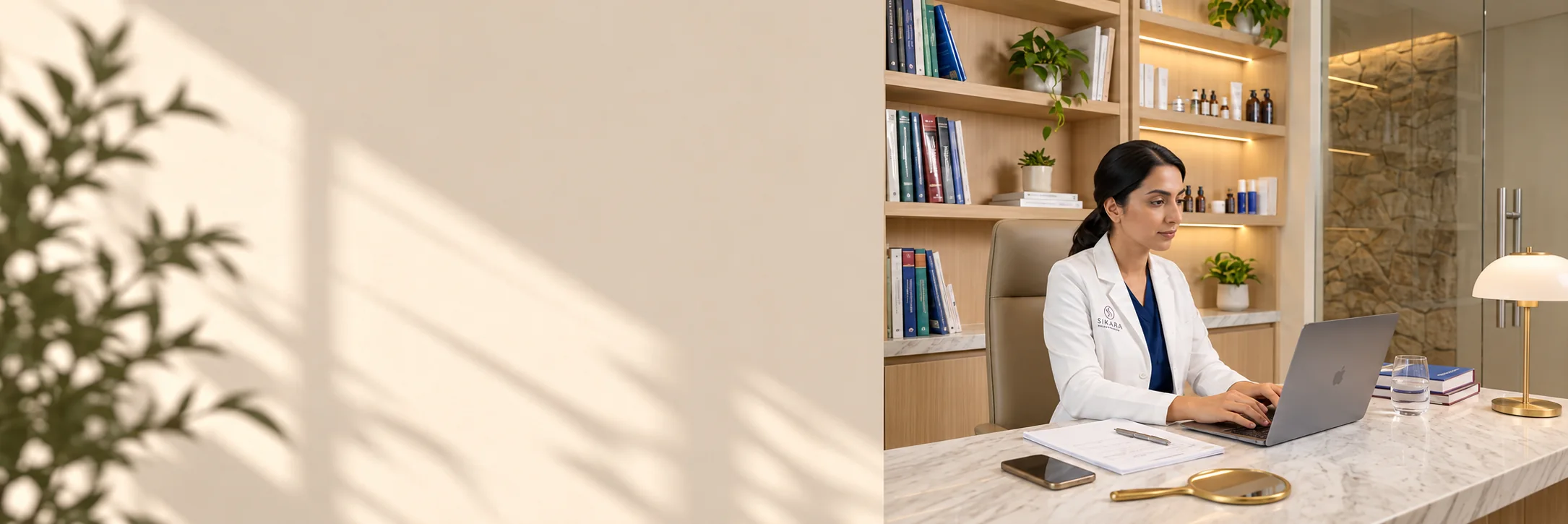A Sikara dermatologist writing at her desk in front of a shelf of medical books