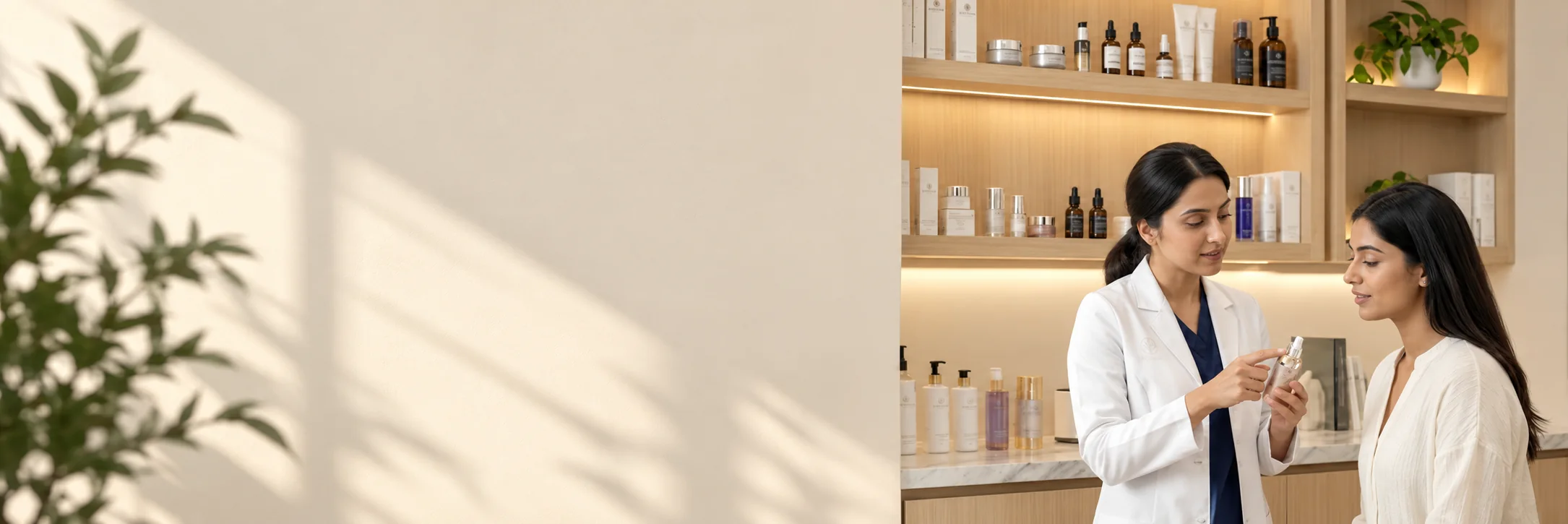 A Sikara dermatologist advising a patient on a skincare product