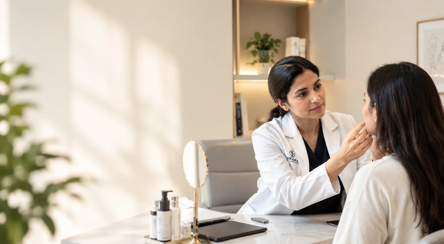 A Sikara dermatologist examining a patient's skin during a consultation